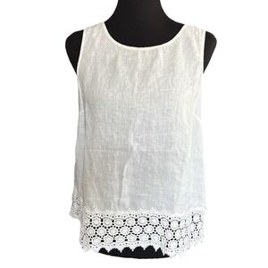 Saint Tropez West 100% Linen White Sleeveless Top W/Crocheted Lace Hem, Medium